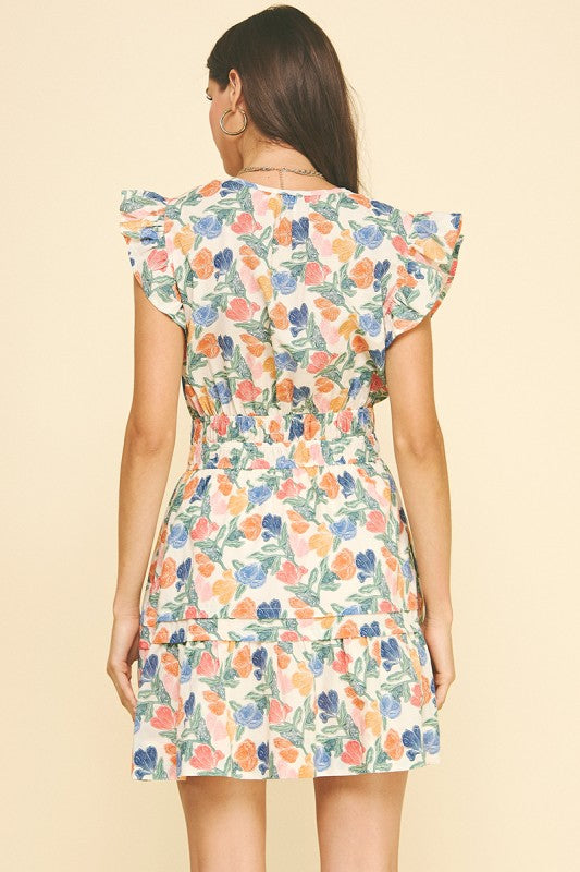 Floral Ruffled Sleeve Mini Dress