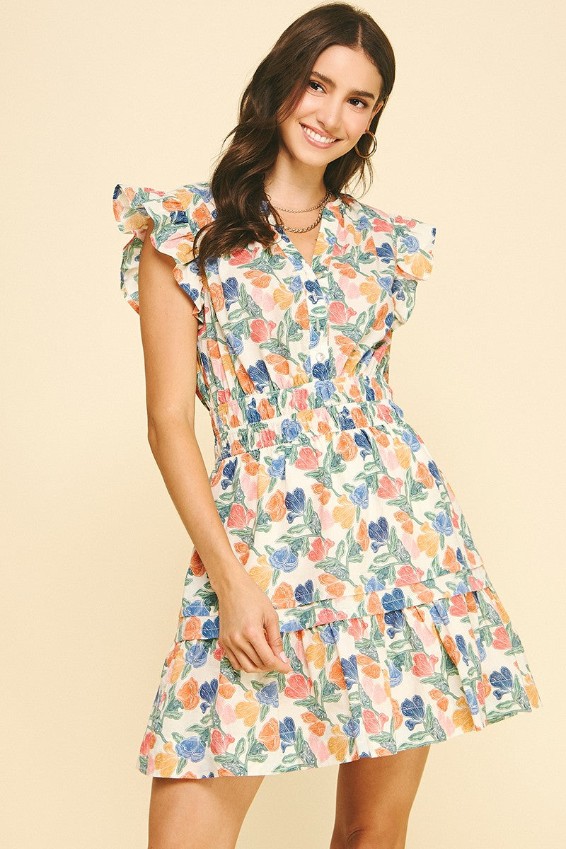 Floral Ruffled Sleeve Mini Dress