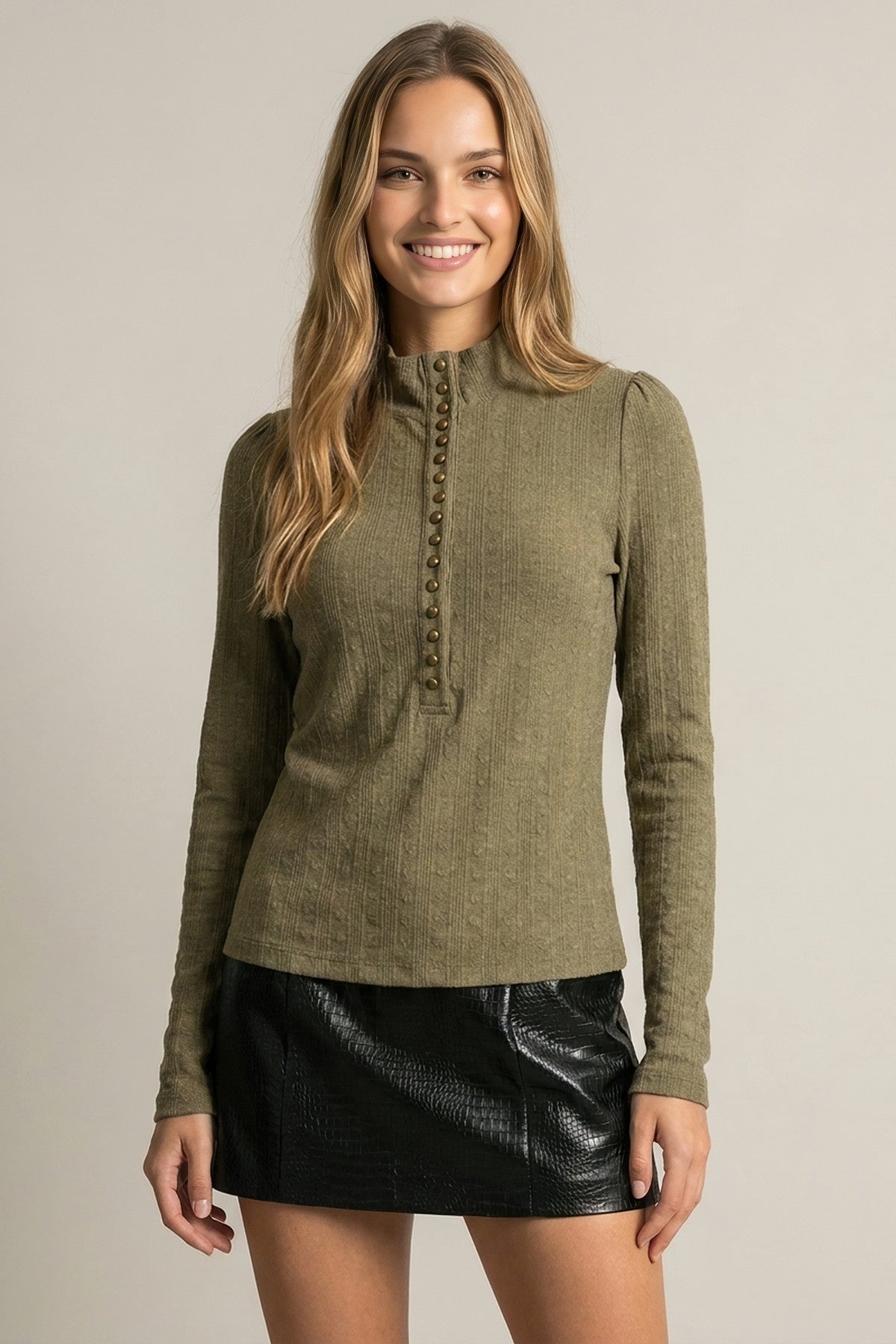 Ribbed Button Closure Top