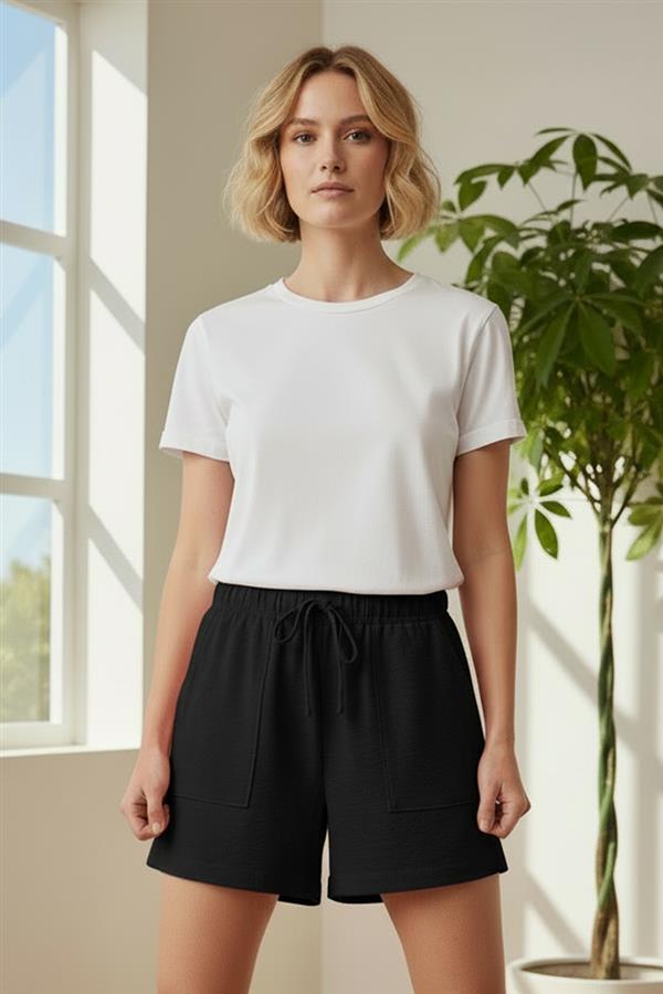 Drawstring Patch Pocket Shorts Black
