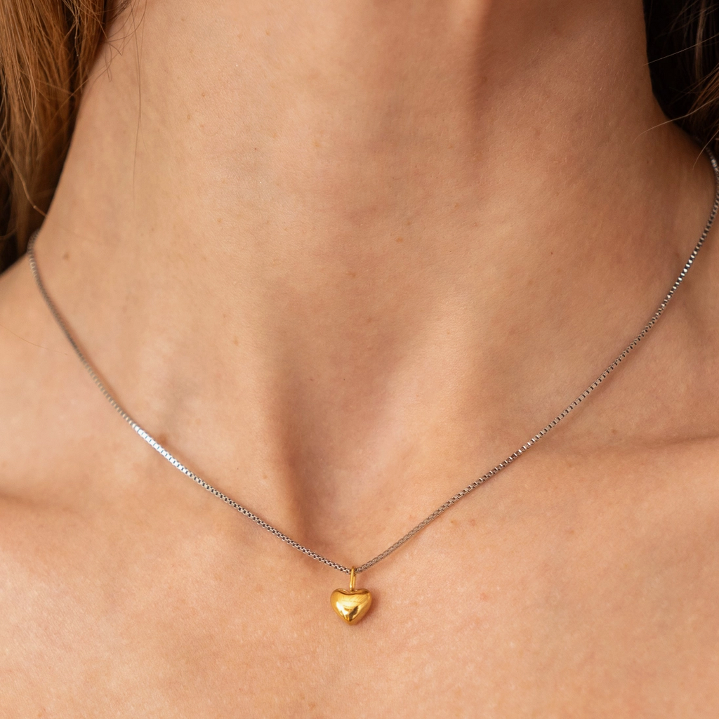Dainty Two-Tone Puffy Heart Necklace - 18K Gold