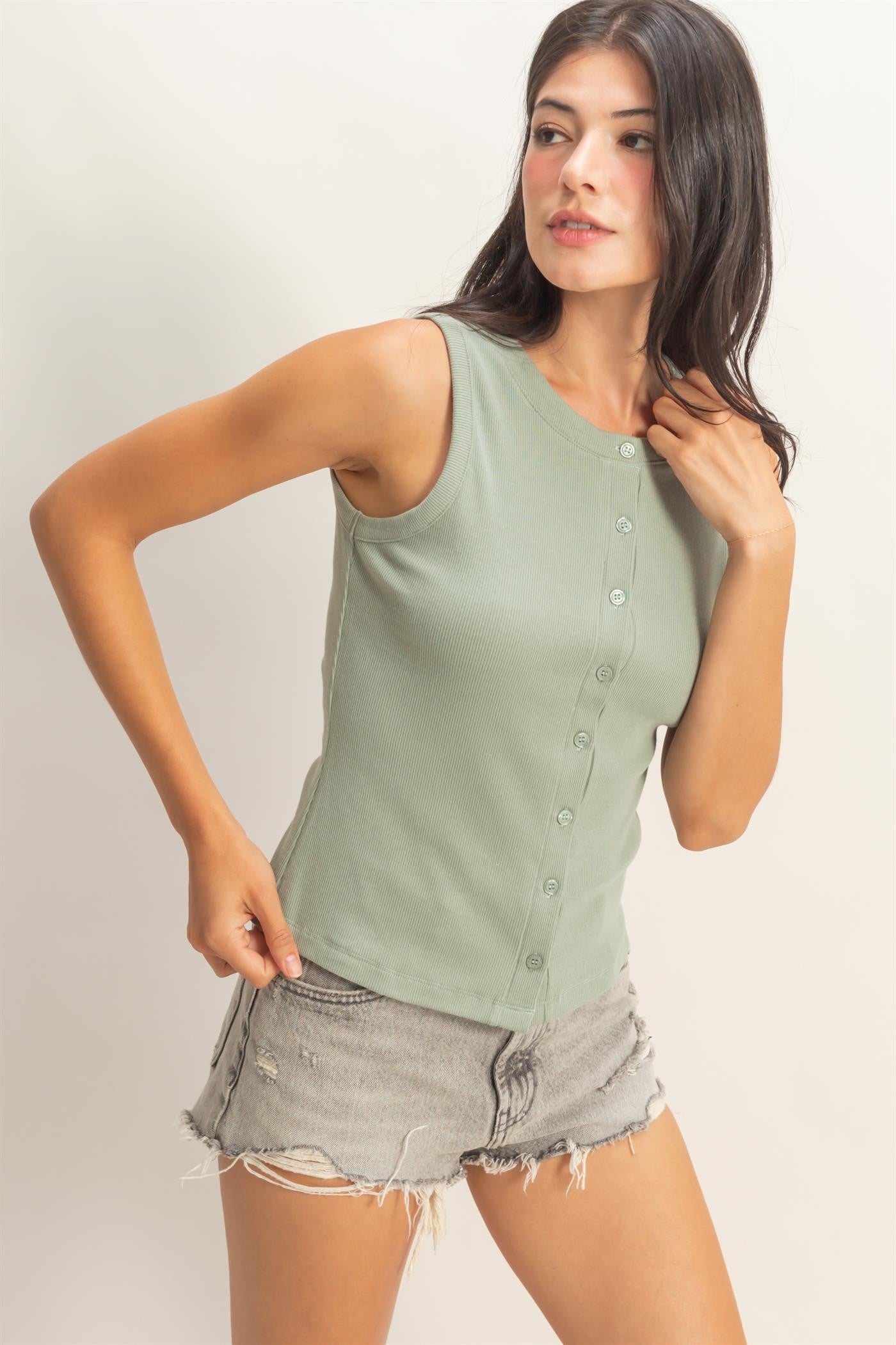 Ribbed Button Front Tank
