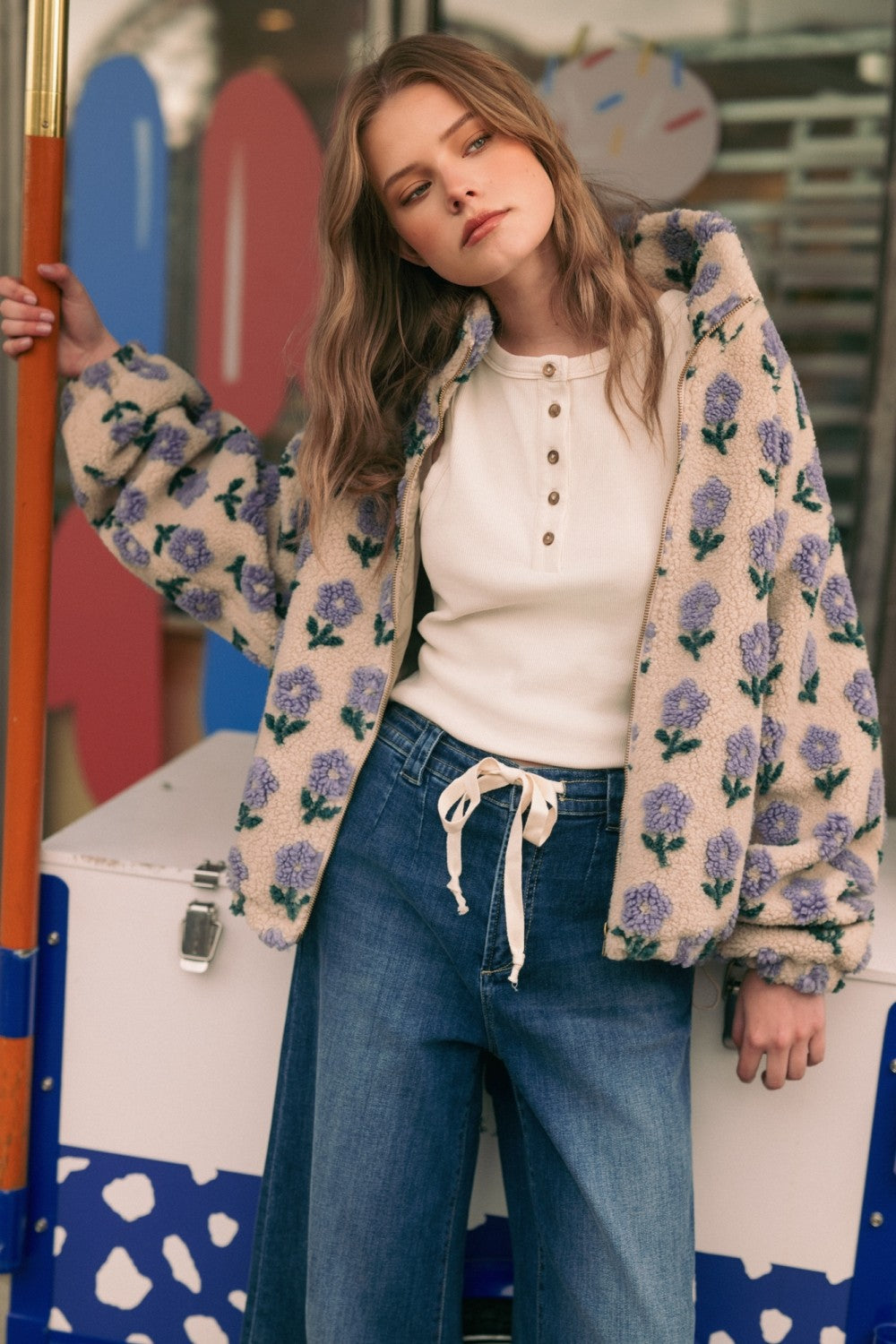 Flower Pattern Sherpa Jacket