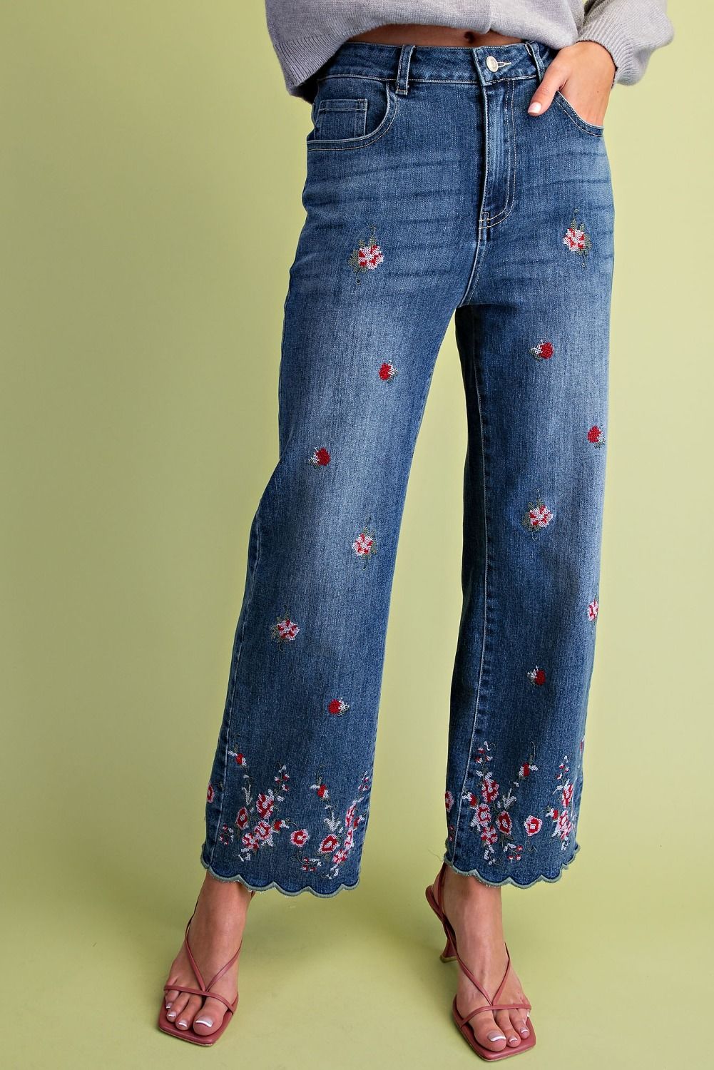 Floral Embroidered Denim Pants
